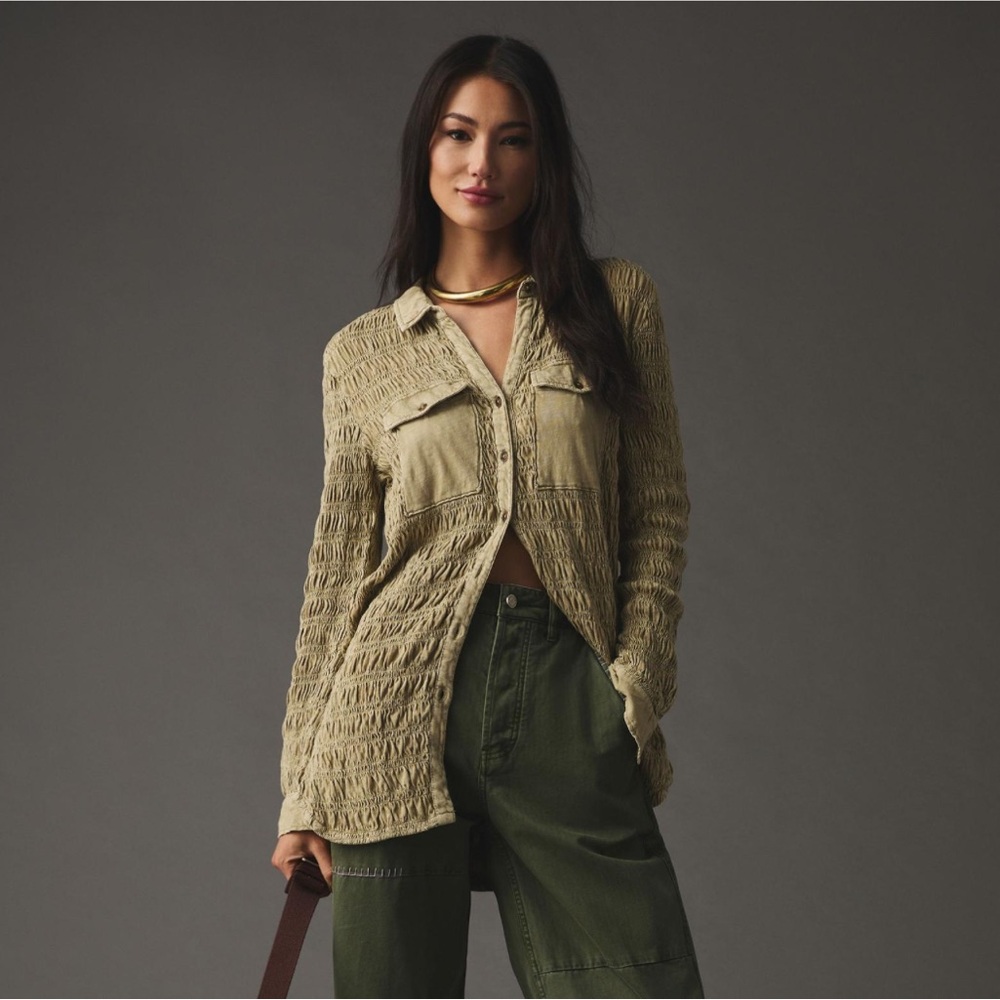Pilcro Olive Green Textured Button-Down Shirt